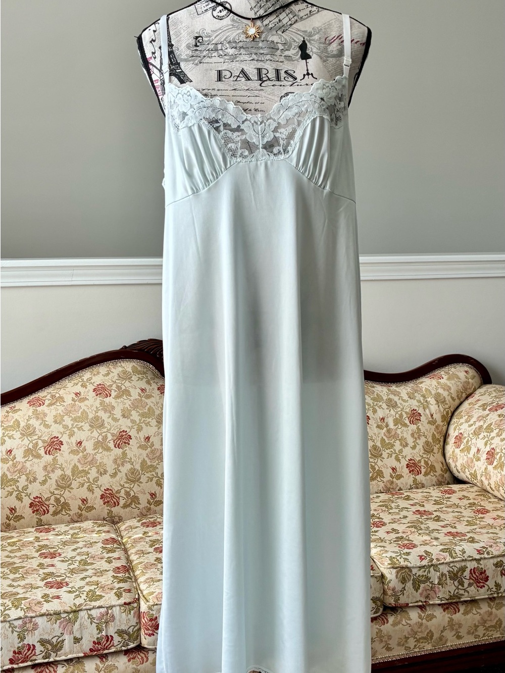 Vintage 70s 80s Lace Trim Slip Nightgown - Pale Blue